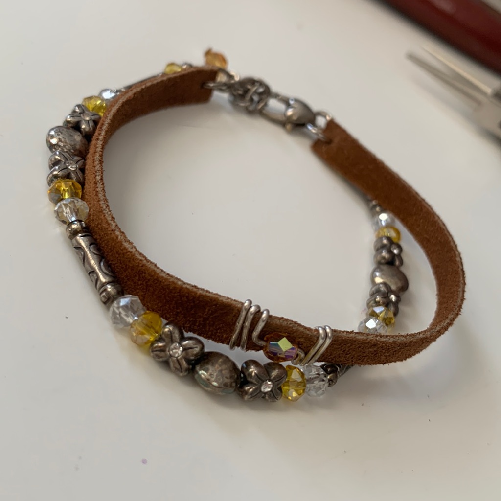 Handmade Bracelet With Silvered Leather And Crystal Metals Approx 8 In.